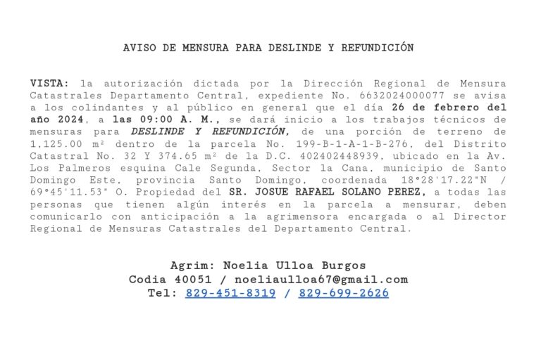 AVISO DE MENSURA PARA DESLINDE Y REFUNDICIÓN