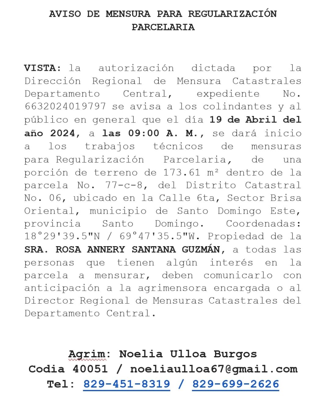 AVISO DE MENSURA PARA REGULARIZACIÓN PARCELARIA