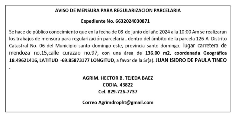 AVISO DE MENSURA PARA REGULARIZACION PARCELARIA
