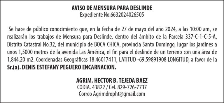 AVISO DE MENSURA PARA DESLINDE No.6632024026505