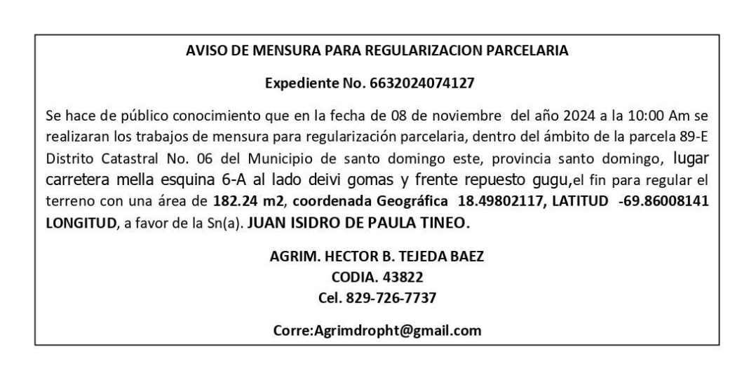 AVISO DE MENSURA PARA REGULARIZACION PARCELARIA Expediente No. 6632024074127