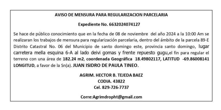 AVISO DE MENSURA PARA REGULARIZACION PARCELARIA