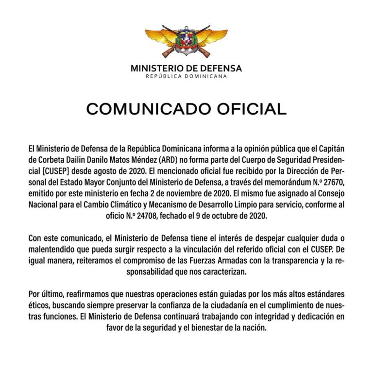 Ministerio de Defensa de la República Dominicana Comunicado Oficial