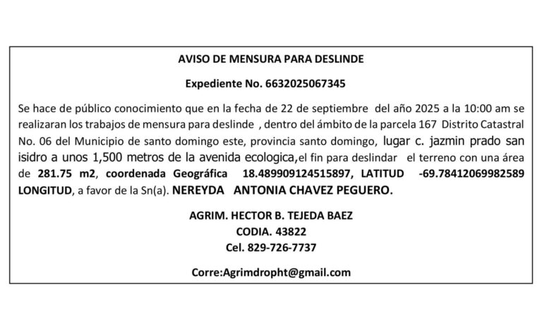 AVISO DE MENSURA PARA DESLINDE