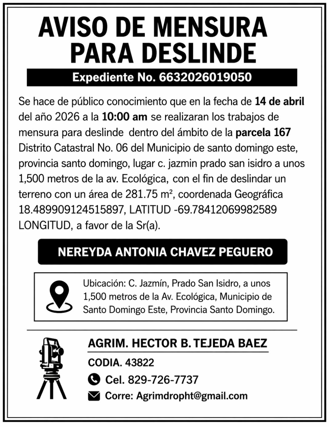 AVISO DE MENSURA PARA DESLINDE
