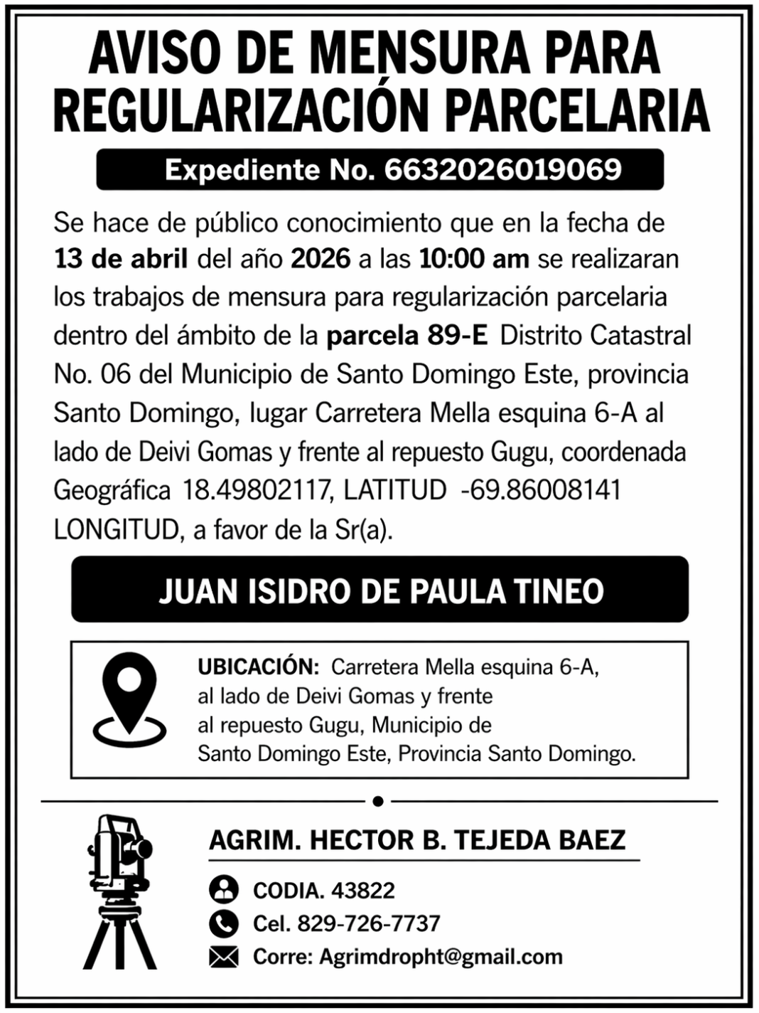 AVISO DE MENSURA PARA REGULARIZACIÓN PARCELARIA